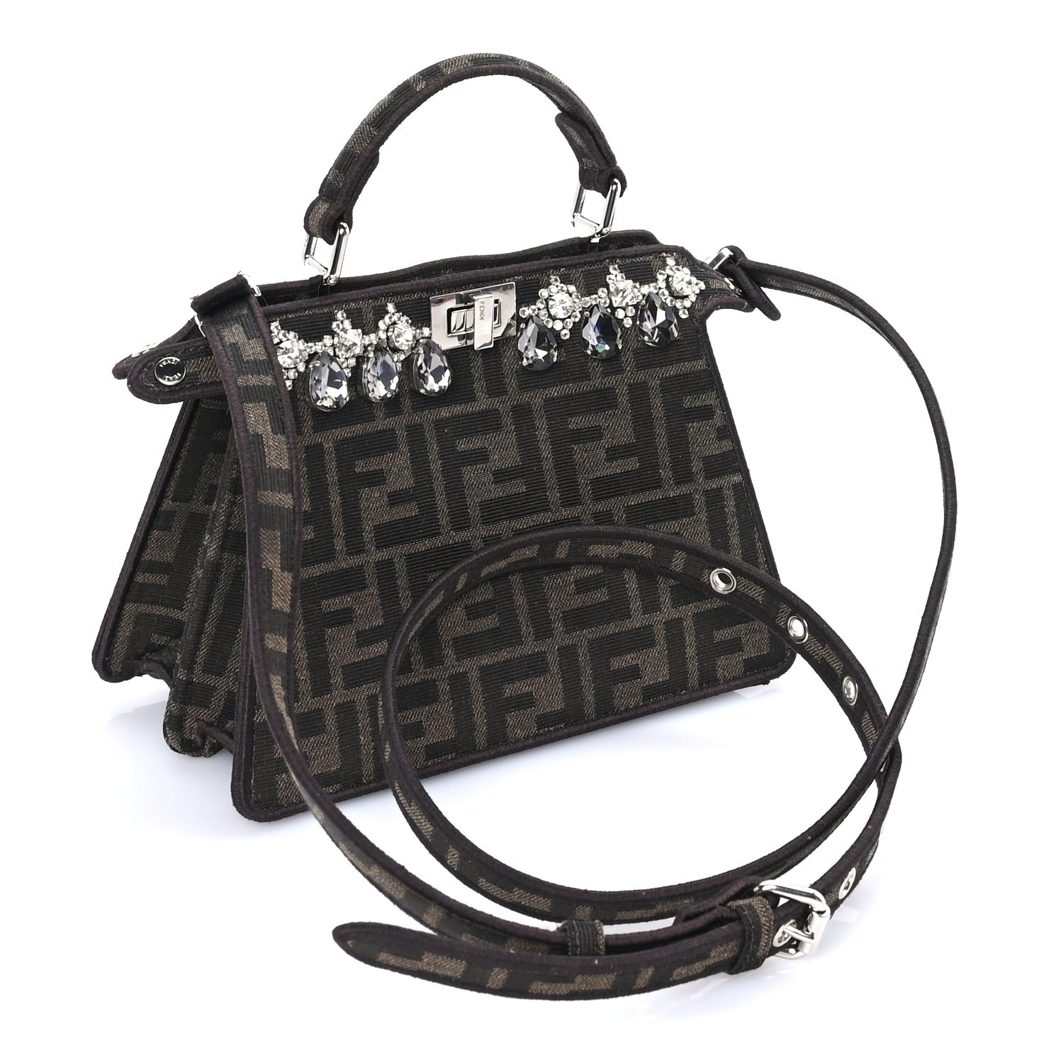 Fendi Fabric Jacquard FF 1974 Crystal Petite Peekaboo I SEE U Satchel Tabacco Moro 2 of 7