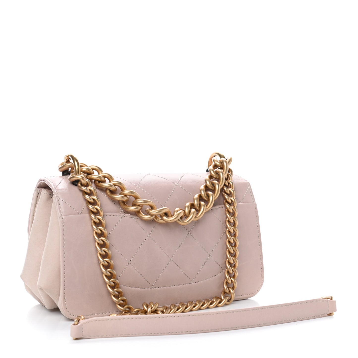 Glazed Calfskin Quilted Mini Straight Lined Flap Beige