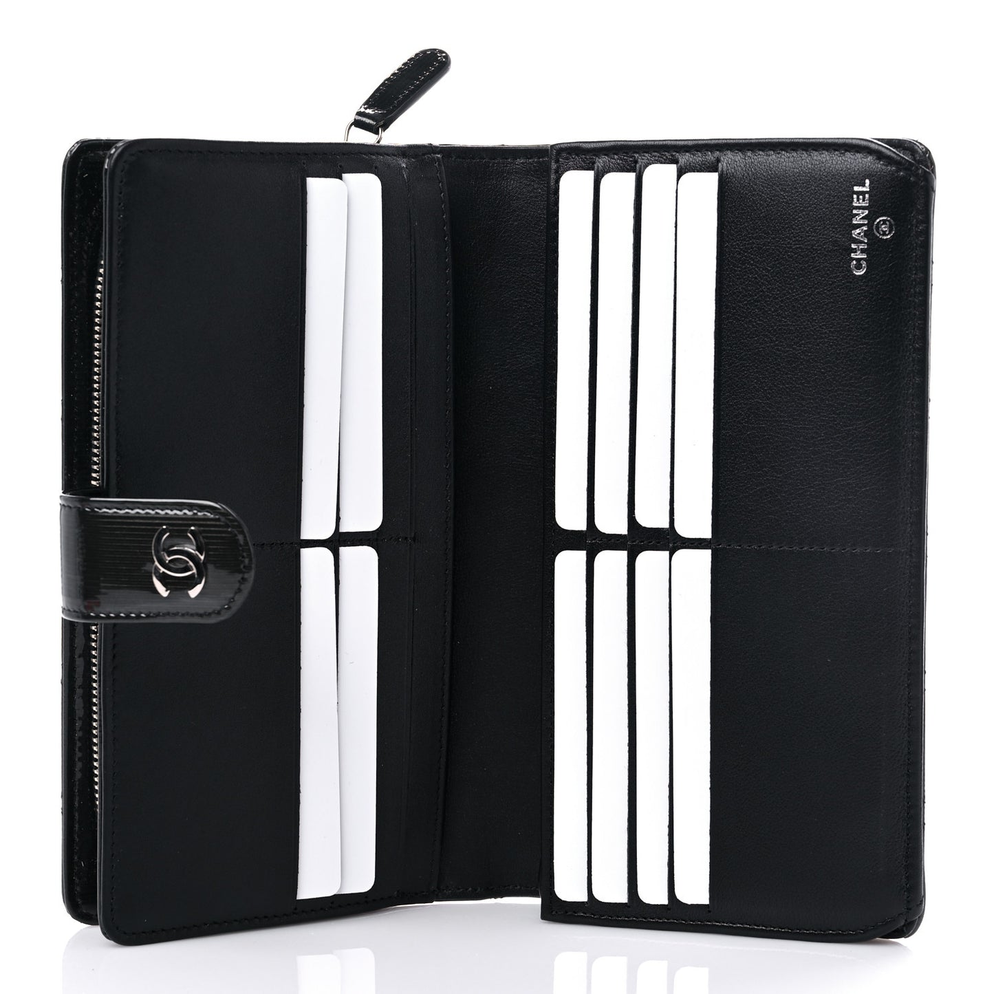 Striated Patent Quilted Zipped Pocket Long Wallet Black