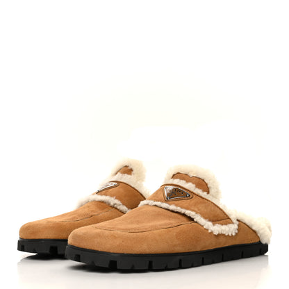 Prada Shearling Metal Triangle Logo 20mm Slippers 40.5 Cognac 3 of 8