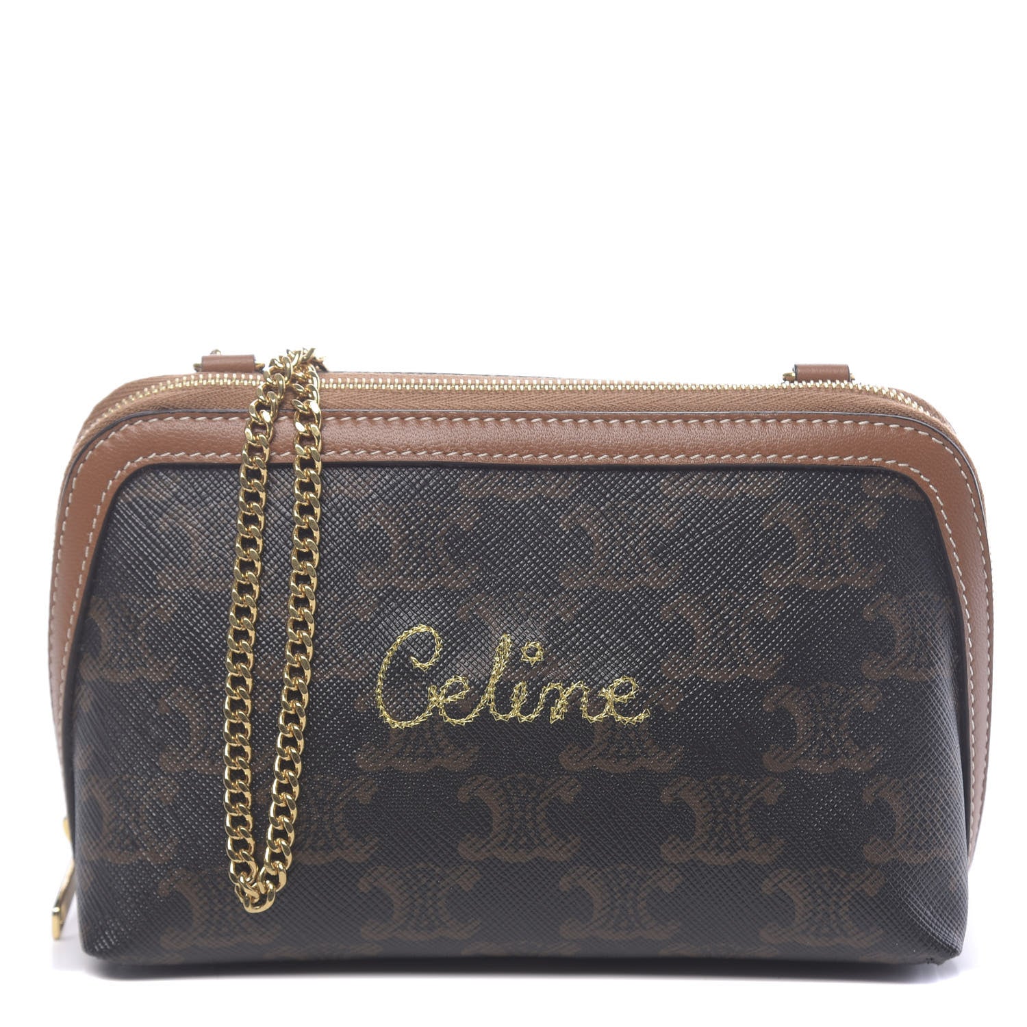 Celine Lambskin Triomphe Canvas Embroidered Logo Clutch With Chain Tan 1 of 10