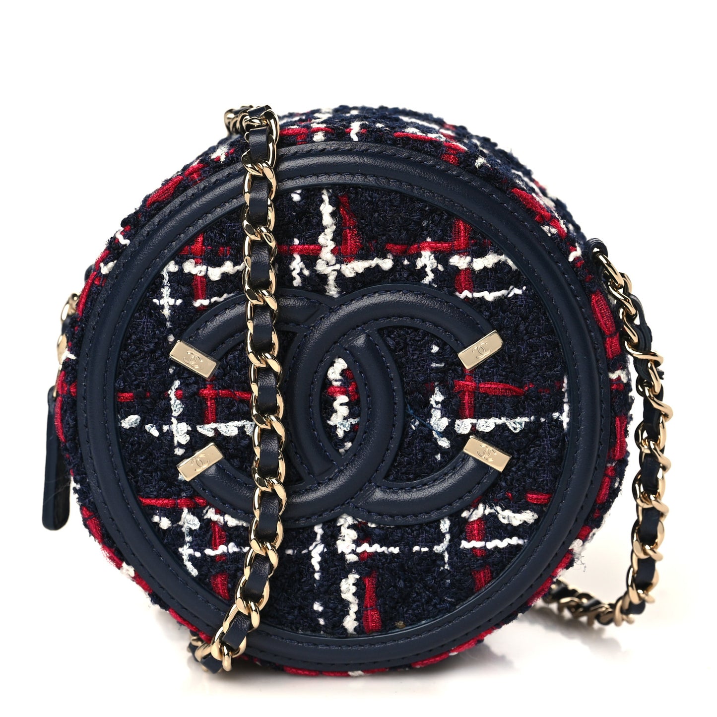 Tweed Quilted Round Filigree Clutch With Chain Navy Blue