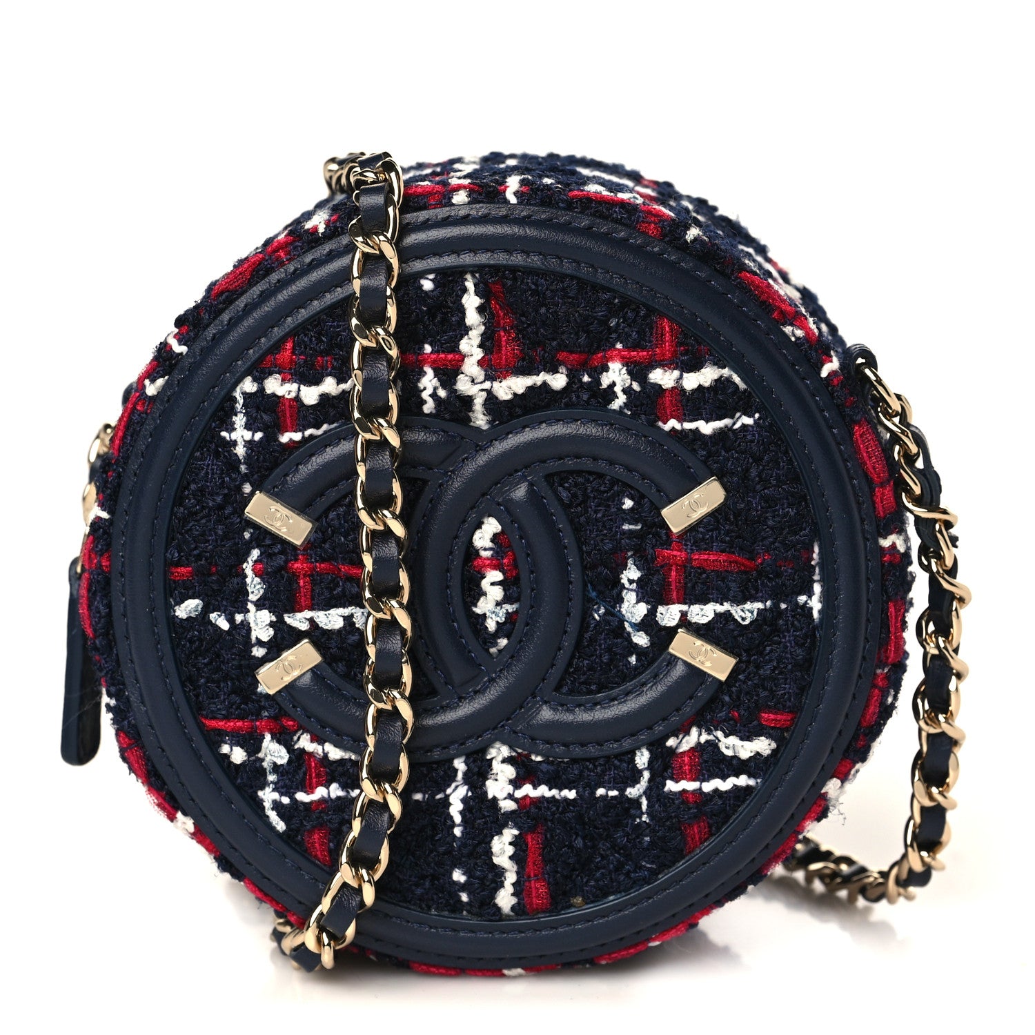 Chanel Tweed Quilted Round Filigree Clutch With Chain Navy Blue 1 of 8