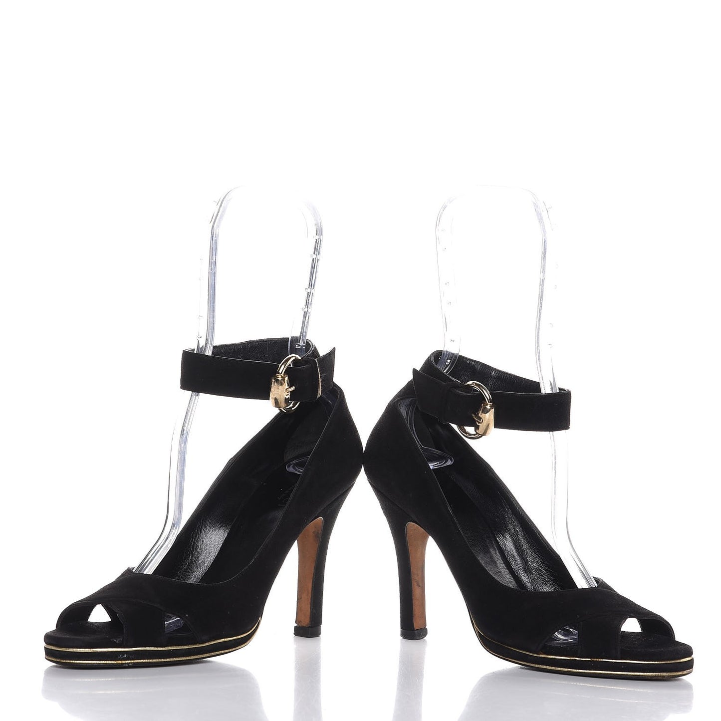 Suede Ankle Strap Peep Toe Pumps 36 Nero Black Gold