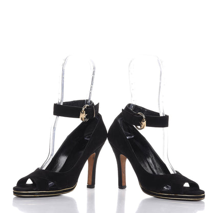 Gucci Suede Ankle Strap Peep Toe Pumps 36 Nero Black Gold 5 of 10