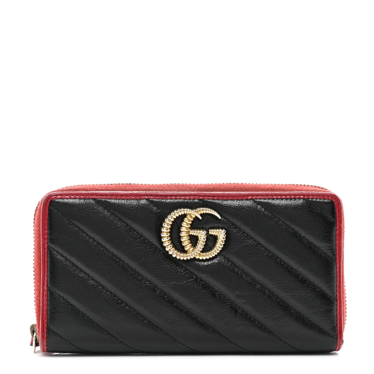 Gucci Vintage Effect Calfskin Matelasse Diagonal Torchon GG Marmont Zip Around Wallet Black Romantic Cherry 1 of 10