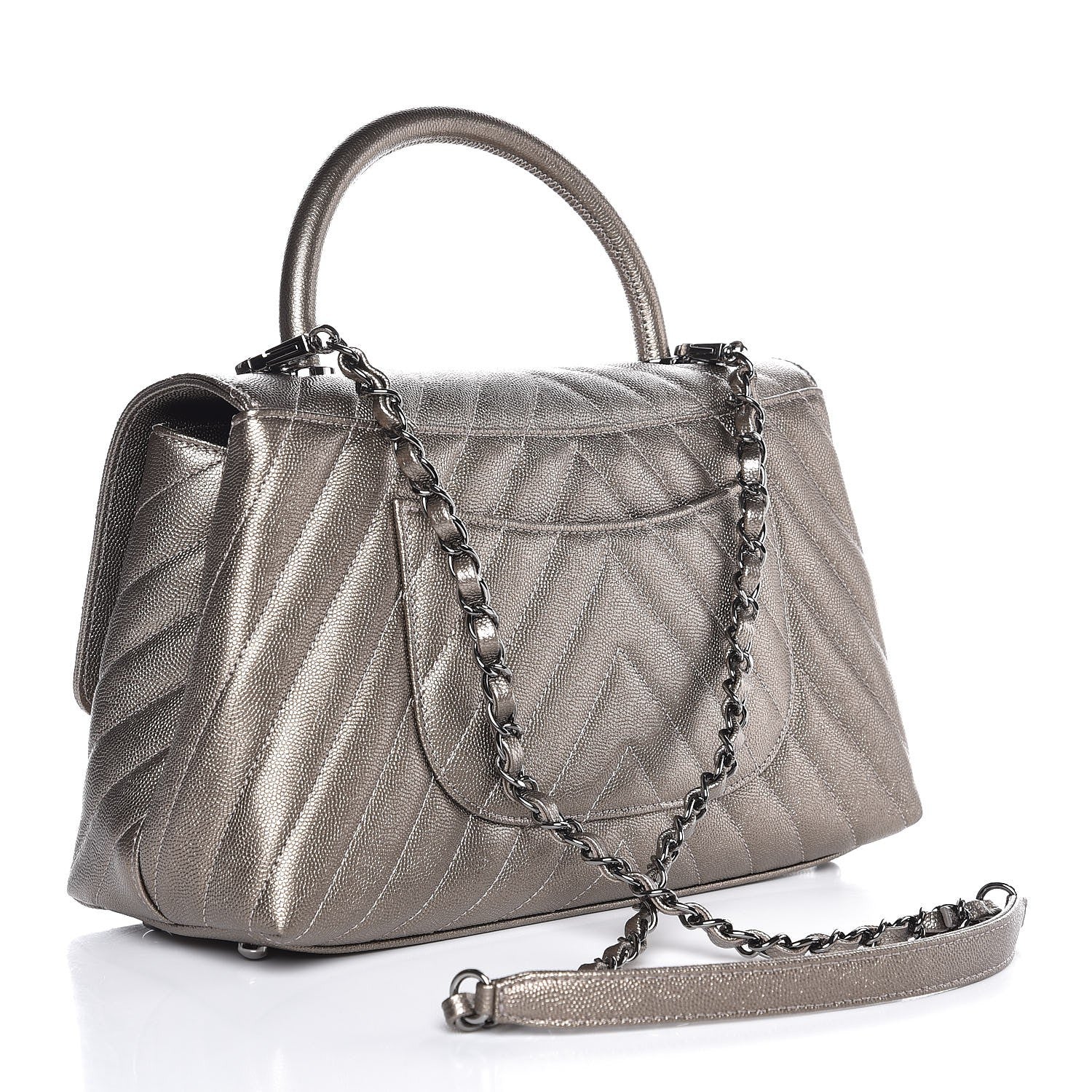 Chanel Metallic Caviar Chevron Quilted Small Coco Handle Flap Light Gold 4 of 9