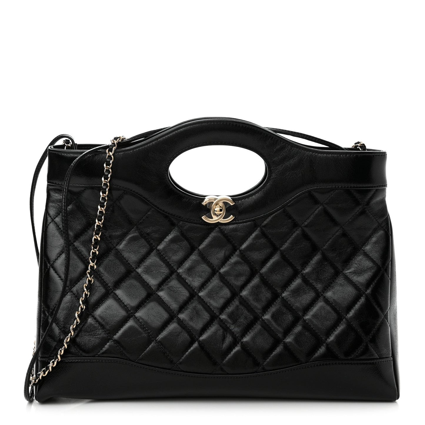Shiny Lambskin Quilted 31 Shopping Bag Black