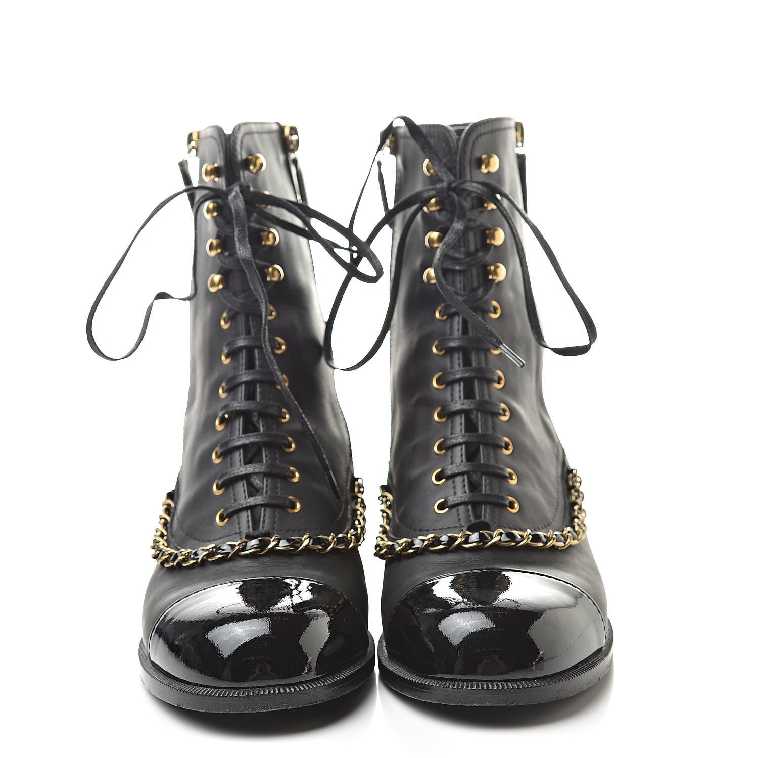Chanel Calfskin Chain Lace Up Boots 38.5 Black 2 of 12