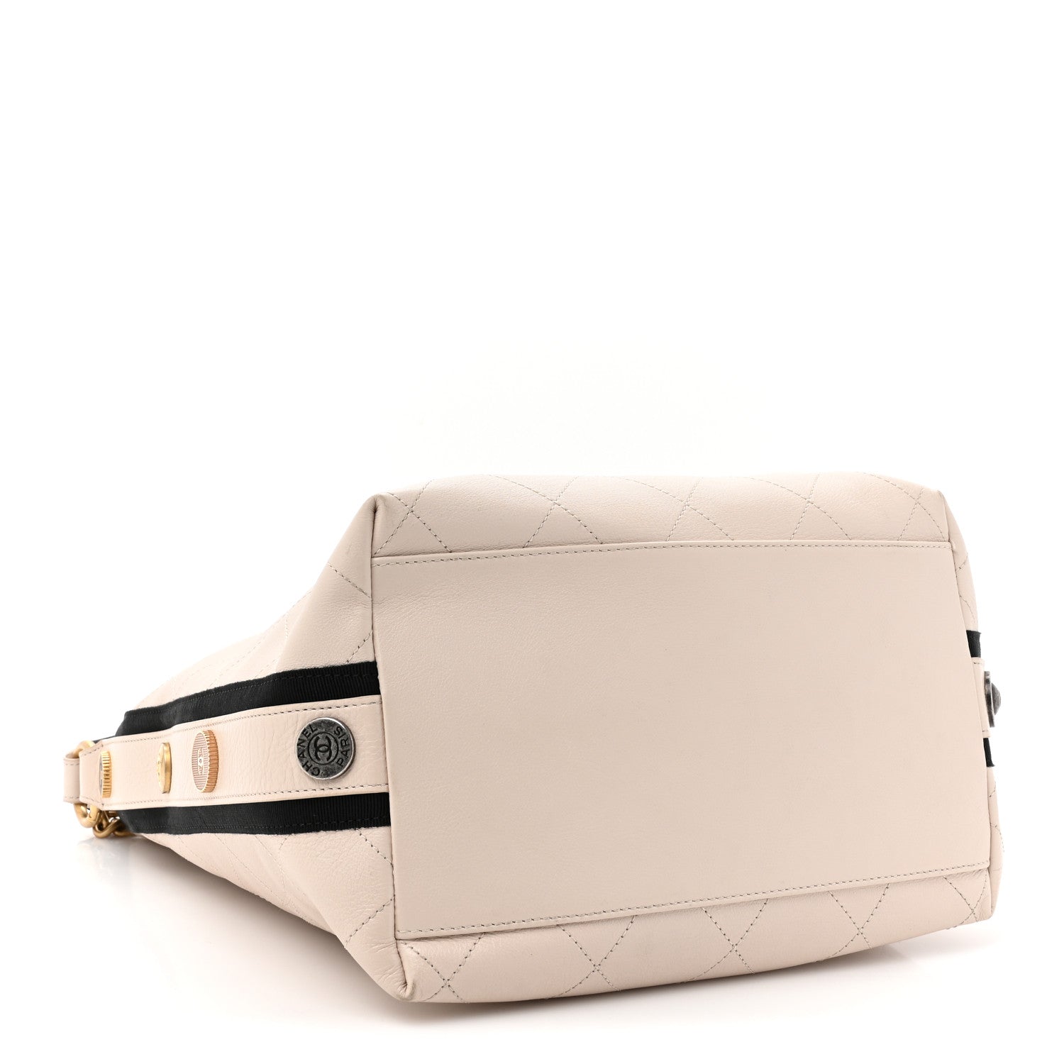 Chanel Calfskin Stitched Large Button Up Hobo Ivory Black 4 of 14