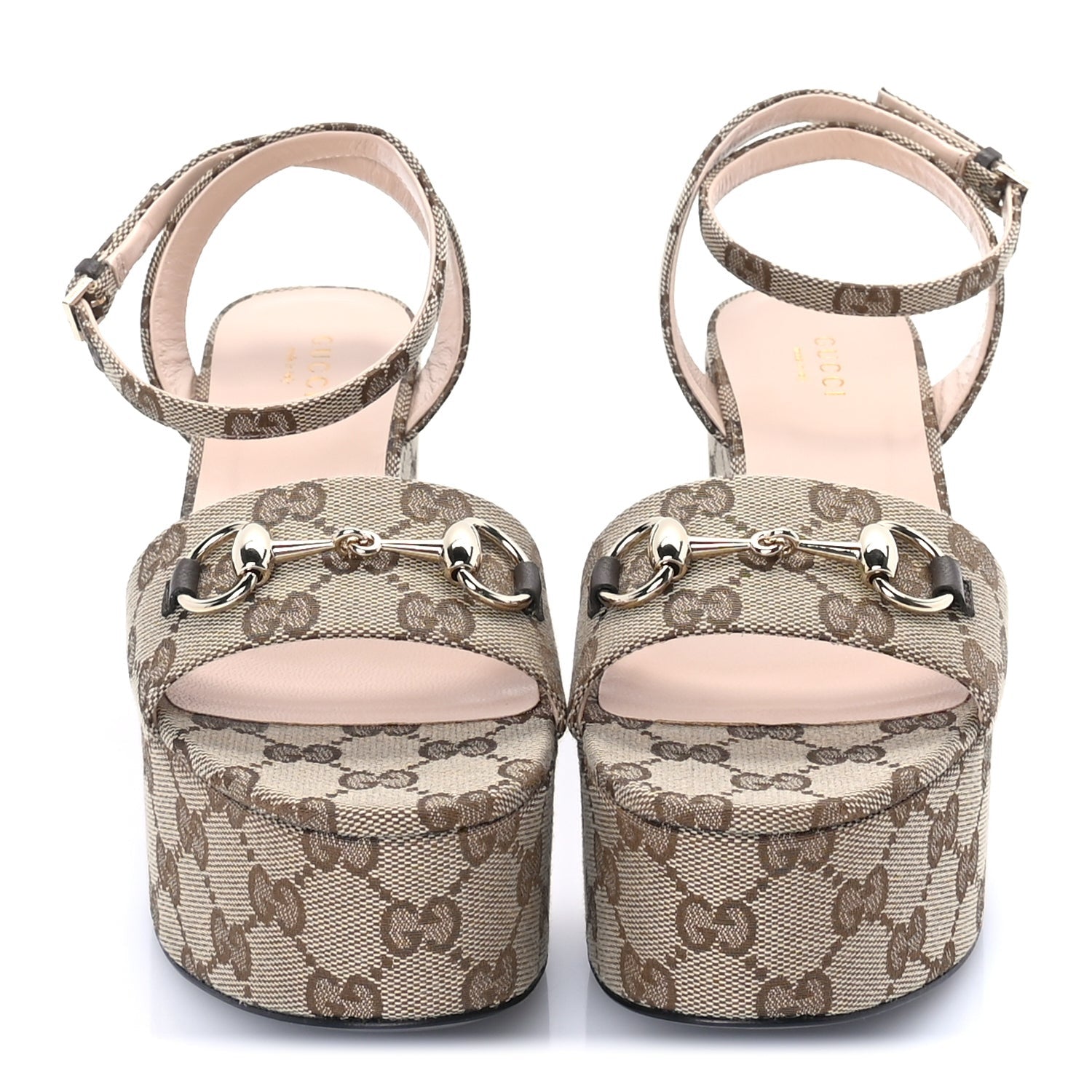 Gucci Monogram Nappa Chalotte Horsebit Ankle Strap 75mm Flatform Sandals 37.5  Beige Ebony 3 of 7