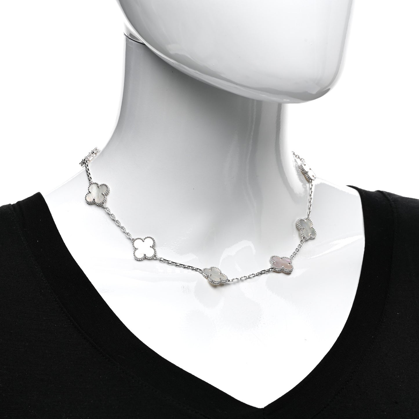 18K White Gold Mother of Pearl 10 Motifs Vintage Alhambra Necklace