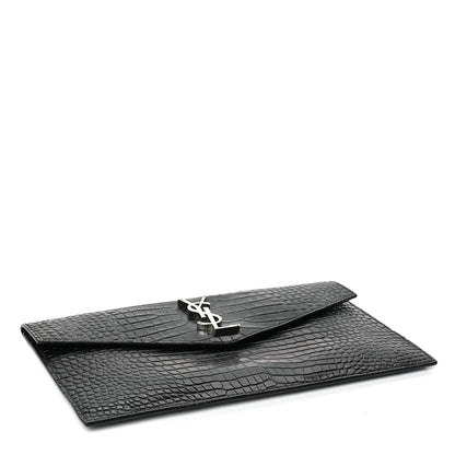 Saint Laurent Calfskin Crocodile Embossed Uptown Monogram Clutch Black 4 of 9