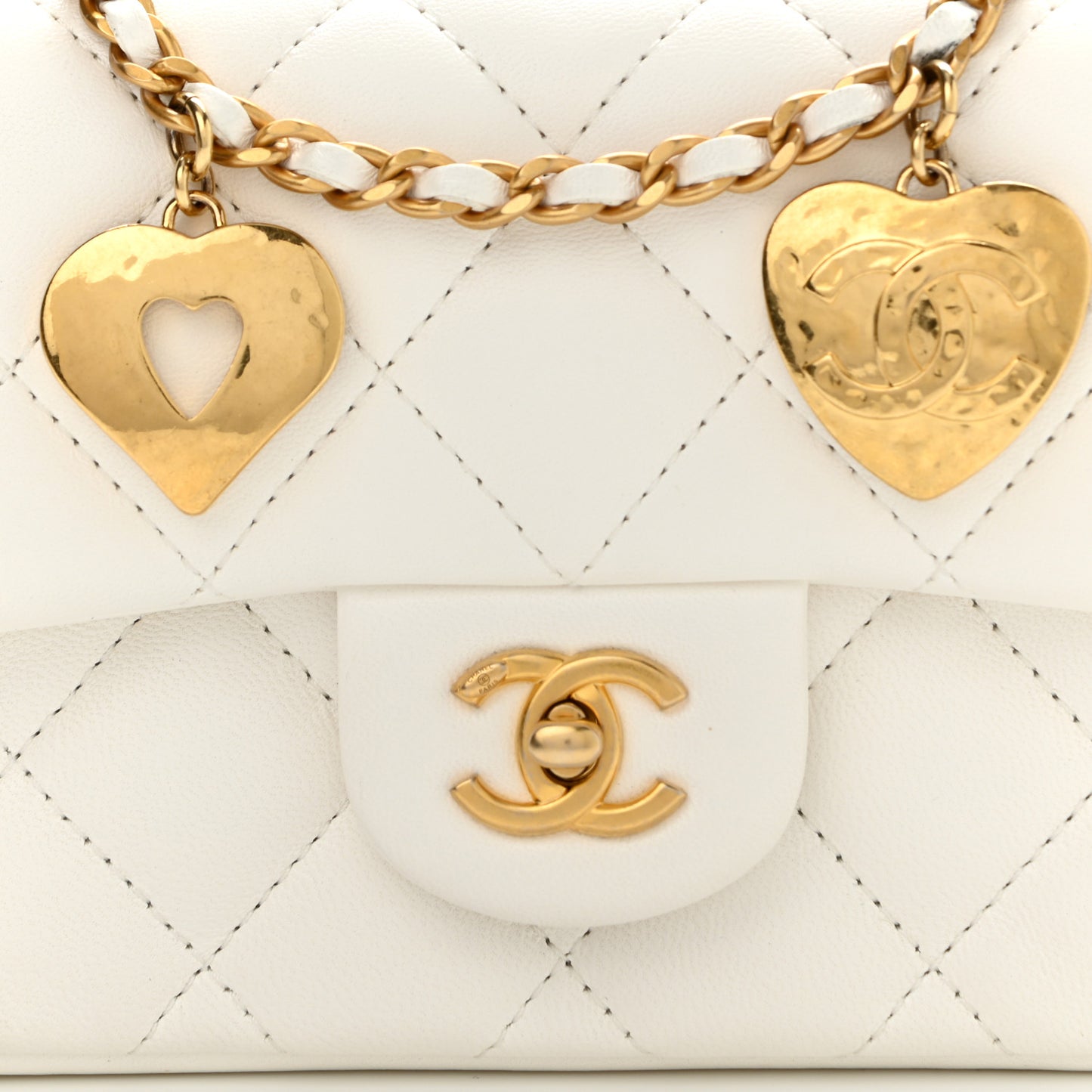 Lambskin Quilted Mini Heart Charms Flap White