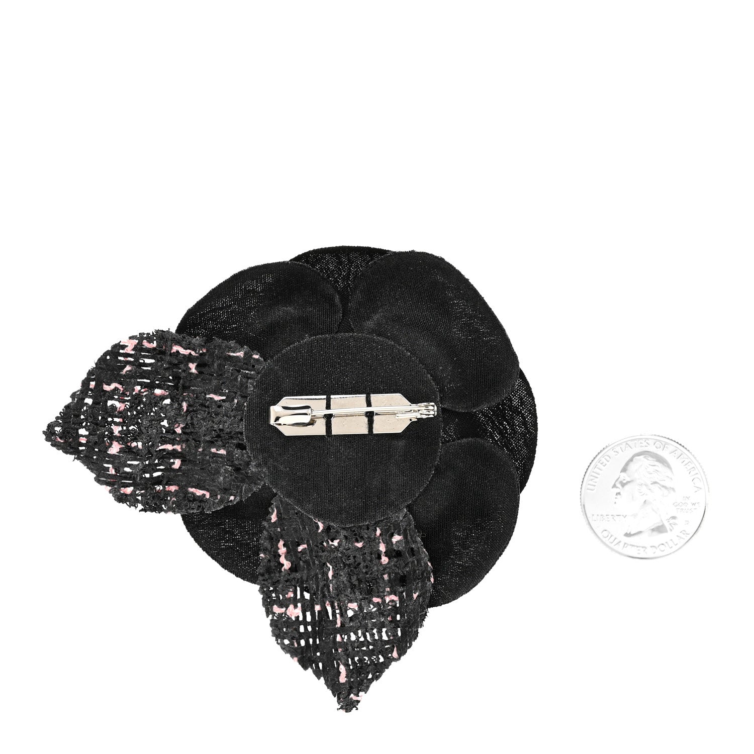 Chanel Tweed Camellia Pin Brooch Black Pink 2 of 4