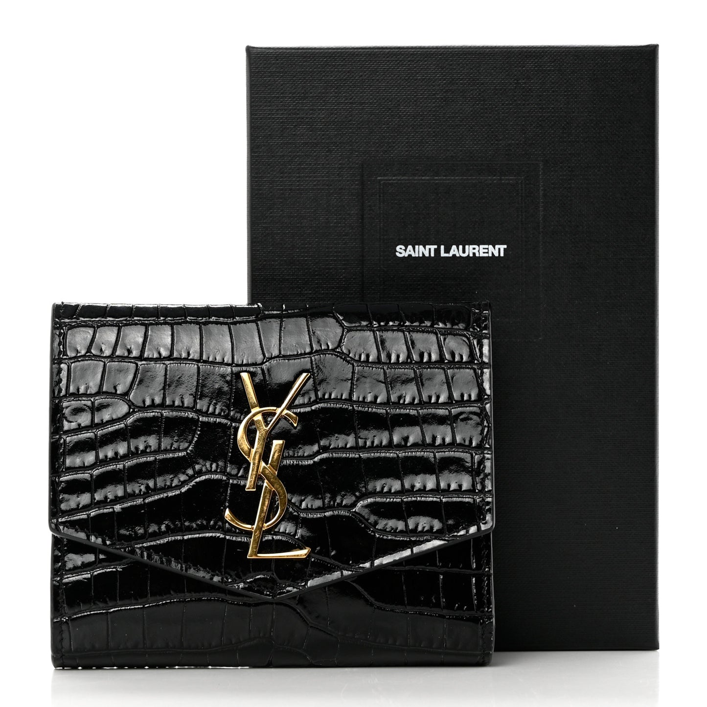 Shiny Calfskin Crocodile Embossed Monogram Uptown Compact Wallet Black