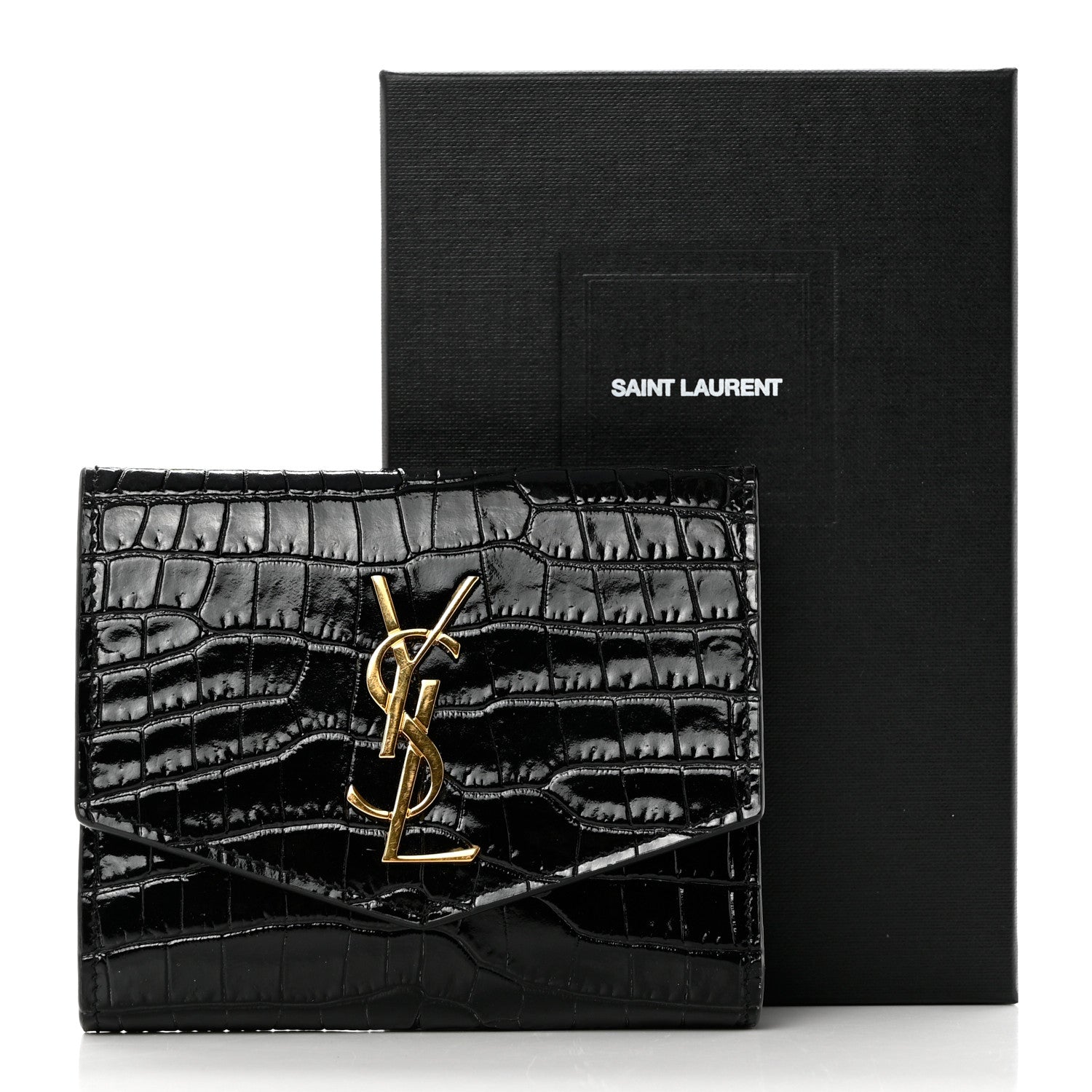 Saint Laurent Shiny Calfskin Crocodile Embossed Monogram Uptown Compact Wallet Black 7 of 7