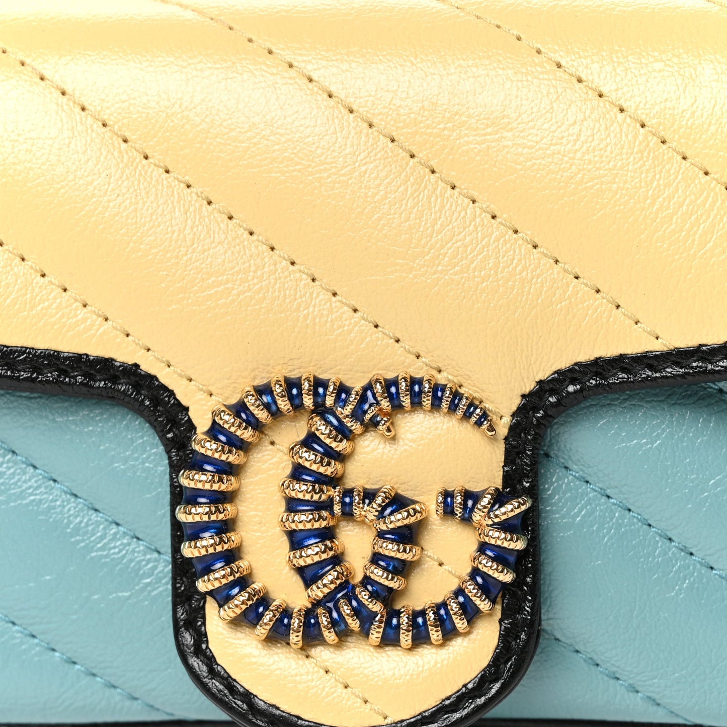Azalea Calfskin Enamel Matelasse Diagonal Super Mini Torchon GG Marmont Shoulder Bag Butter Dusty Azure Black Electric Blue