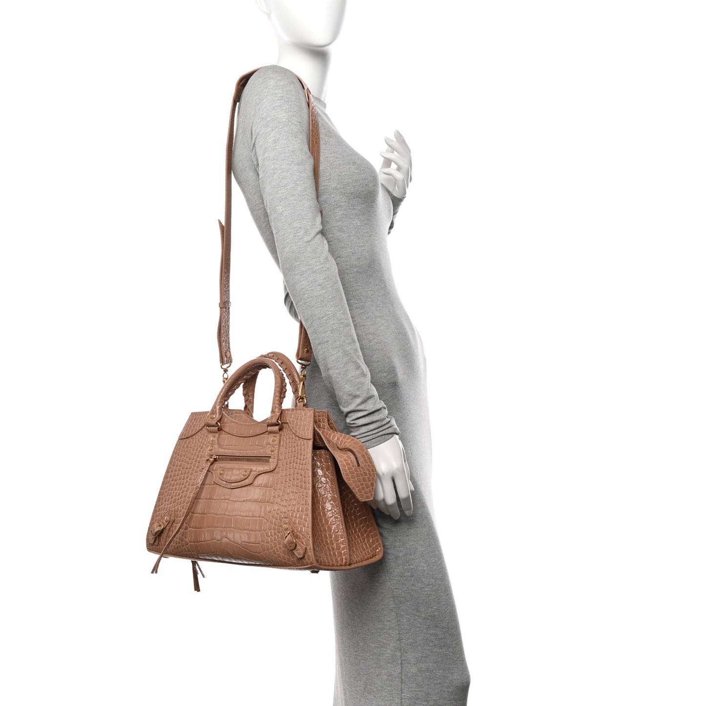 Shiny Supple Calfskin Crocodile Embossed Neo Classic Gold Hardware City Nude Beige