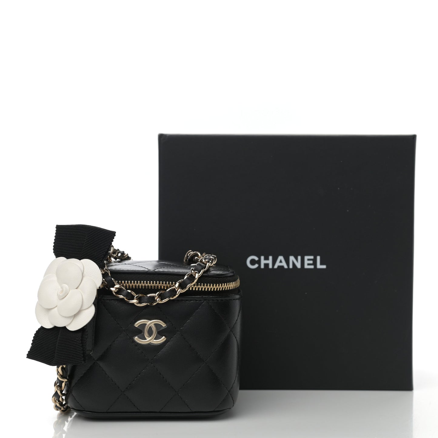 Lambskin Quilted Mini Camellia Bow Vanity Case With Chain Black