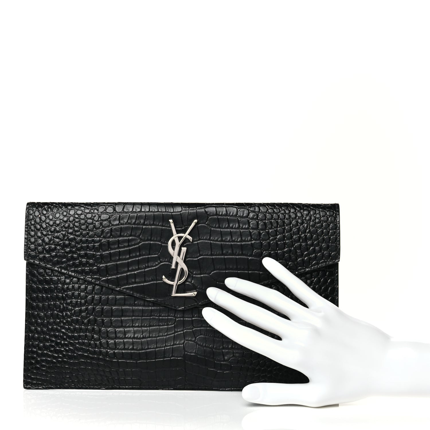 Saint Laurent Calfskin Crocodile Embossed Uptown Monogram Clutch Black 2 of 9