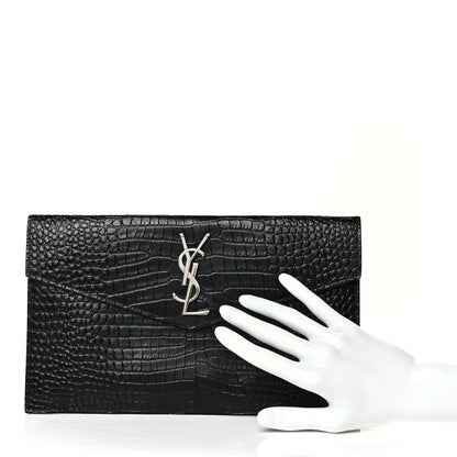 Saint Laurent Calfskin Crocodile Embossed Uptown Monogram Clutch Black 2 of 9