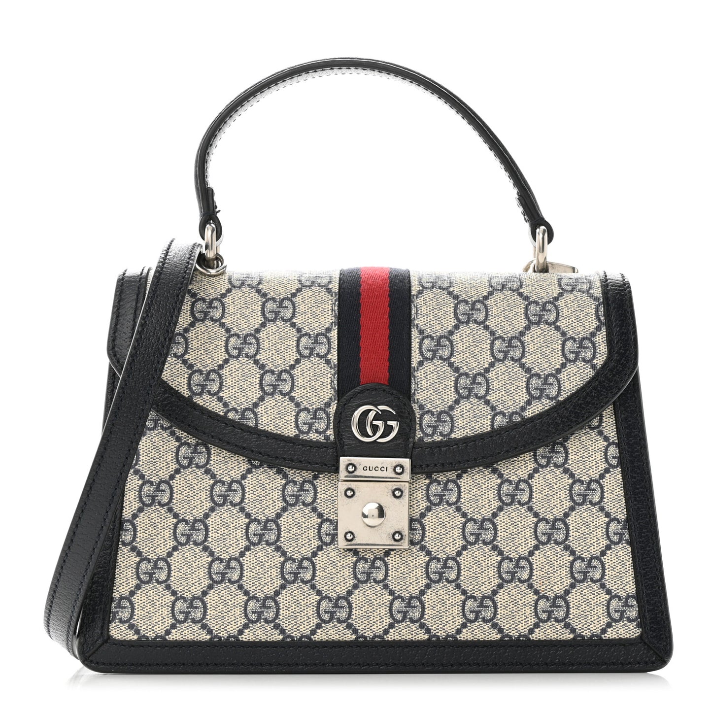 GG Supreme Monogram Textured Dollar Calfskin Web Small Ophidia Padlock Top Handle Bag Beige Blue