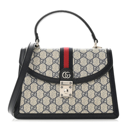 Gucci GG Supreme Monogram Textured Dollar Calfskin Web Small Ophidia Padlock Top Handle Bag Beige Blue 1 of 11