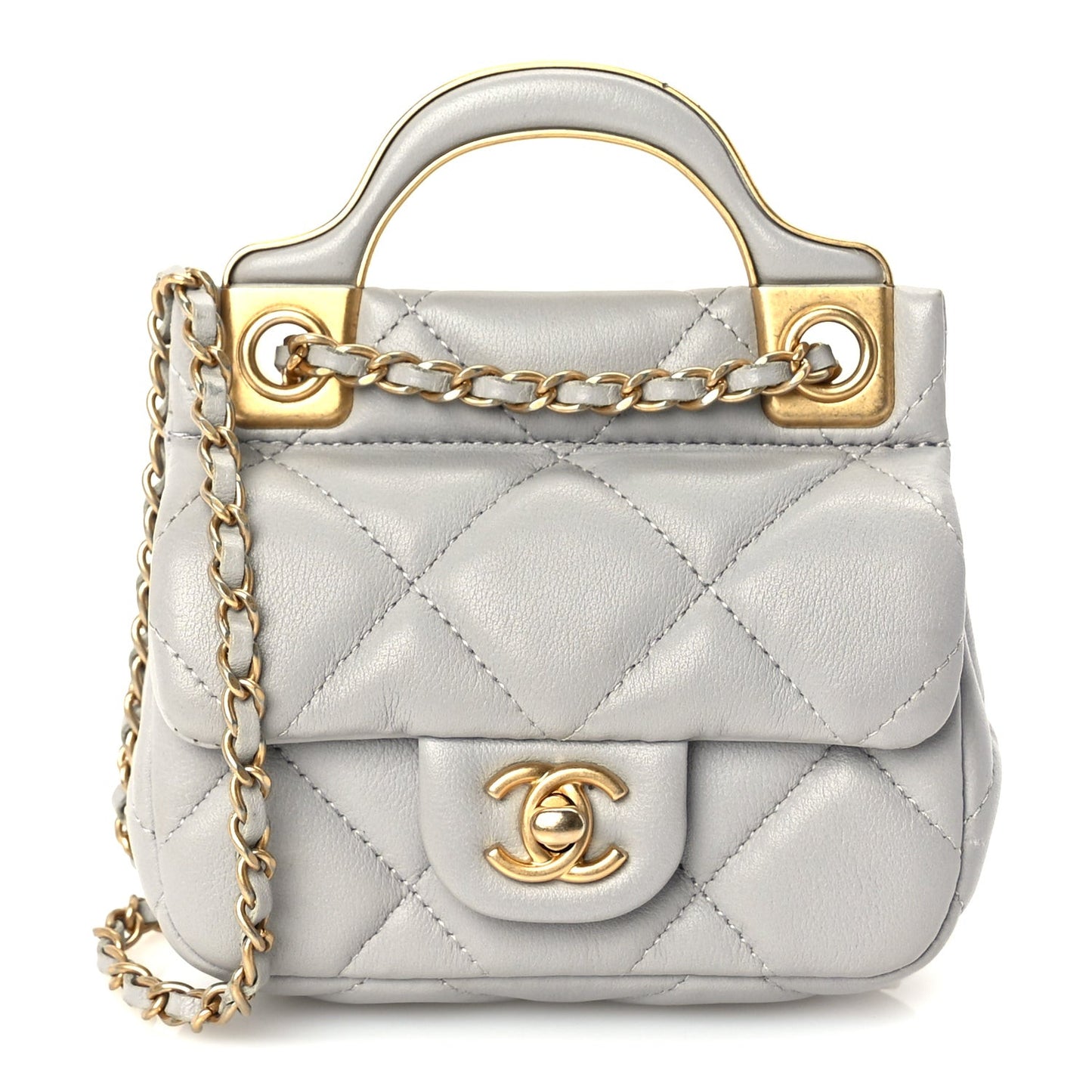 Calfskin Quilted Lady Handle Flap Card Holder With Chain  Grey