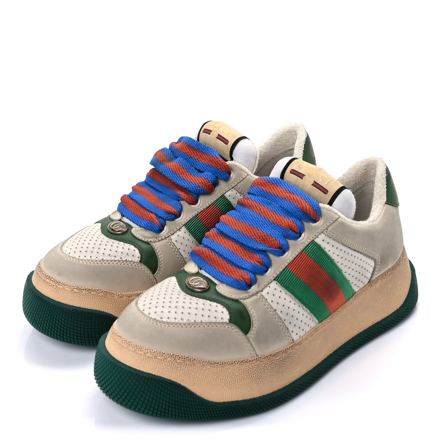 Gucci Calfskin Web Womens Double Screener Sneakers 38  White Green Blue 3 of 10