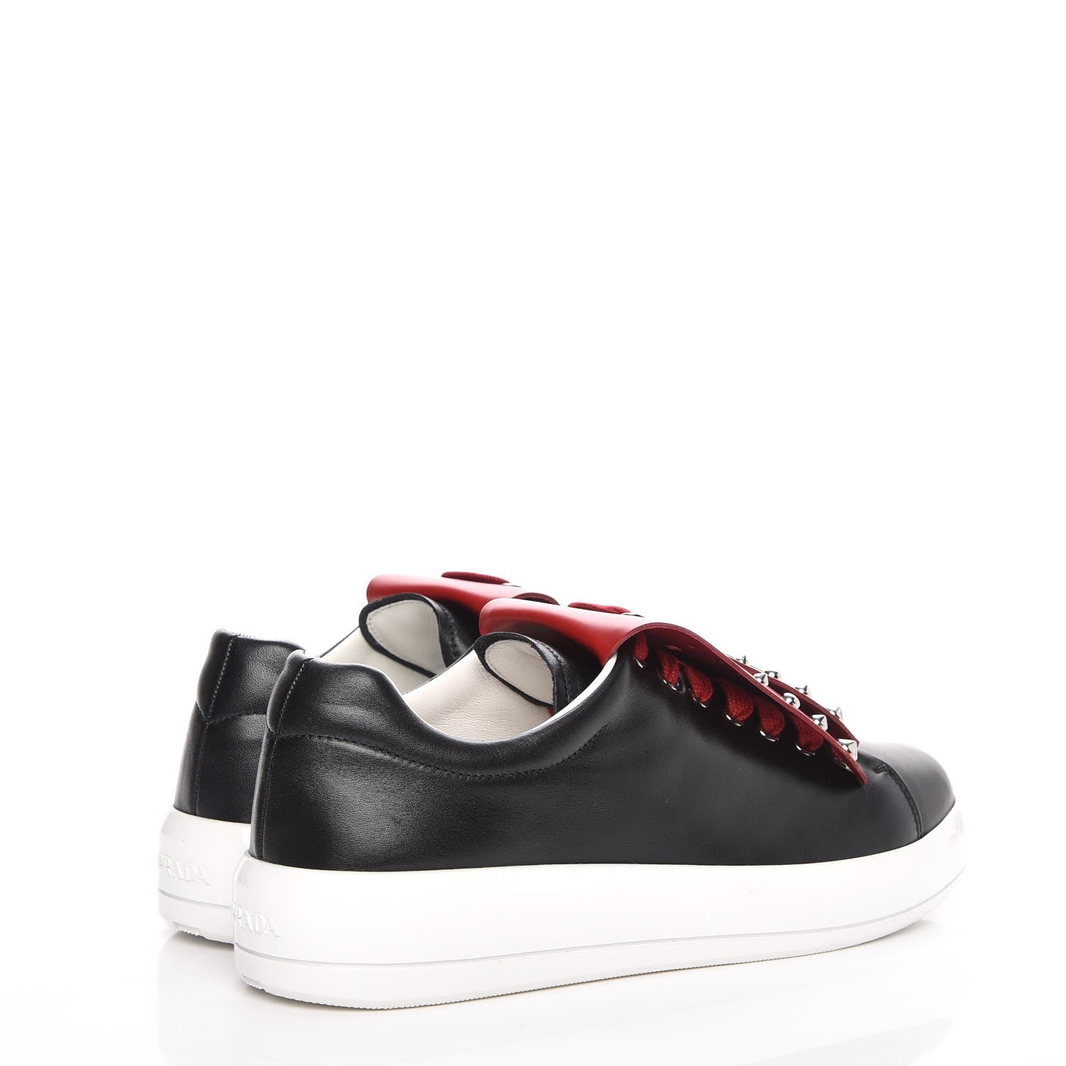 Prada Vitello Soft Studded Fringe Sneakers 37.5 Black Rosso 4 of 14