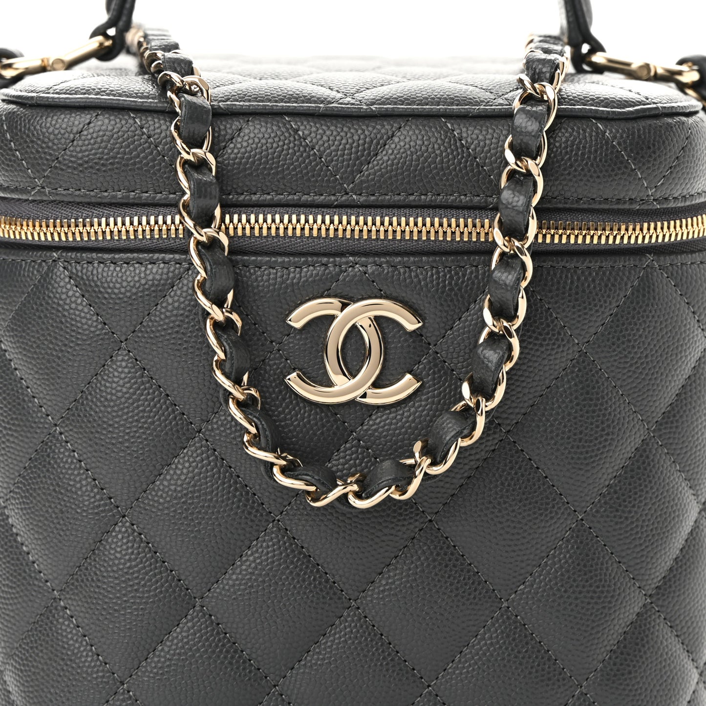 Caviar Quilted Small Top Handle Vanity Case With Chain Dark Grey