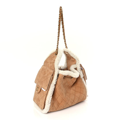Chanel Suede Shearling Quilted Small  25 Handbag Beige White 2 of 9