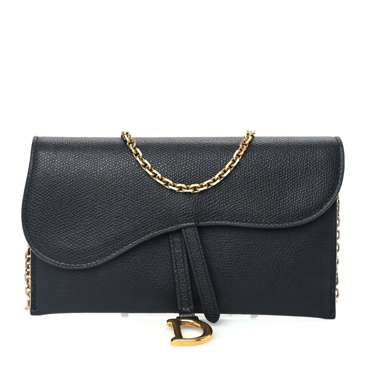 Grained Calfskin Saddle Chain Wallet Pouch  Black