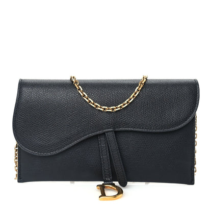 Christian Dior Grained Calfskin Saddle Chain Wallet Pouch  Black 1 of 8