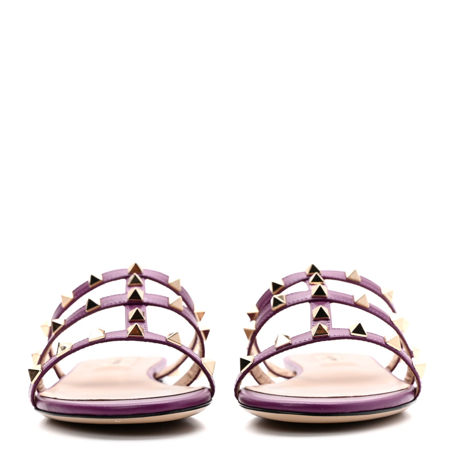 Calfskin Nappa Rockstud Caged Flat Slide Sandals 36 Prune