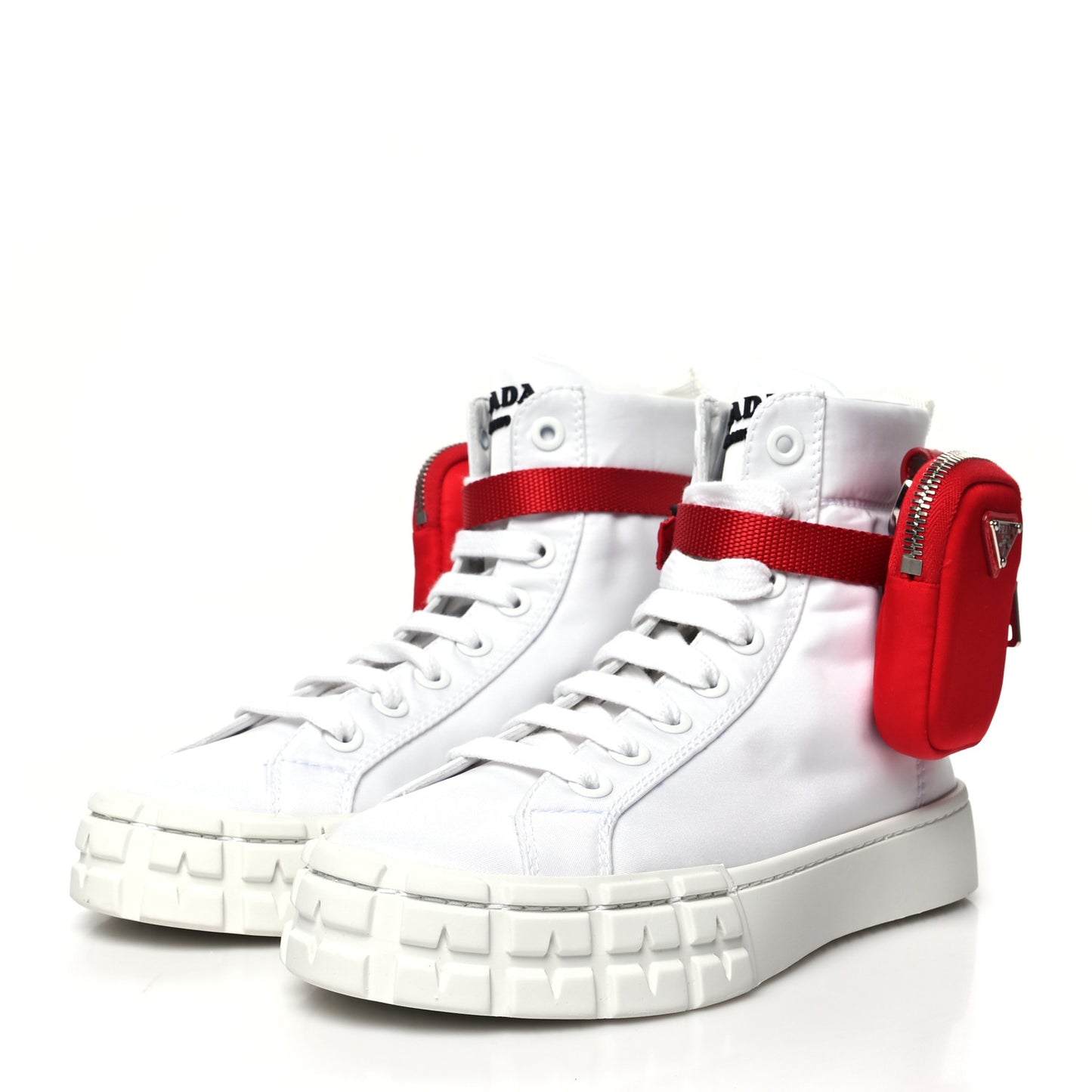 Re-Nylon Gabardine Metal Triangle Logo Wheel Pouch Pocket High Top Sneakers 37 White Red