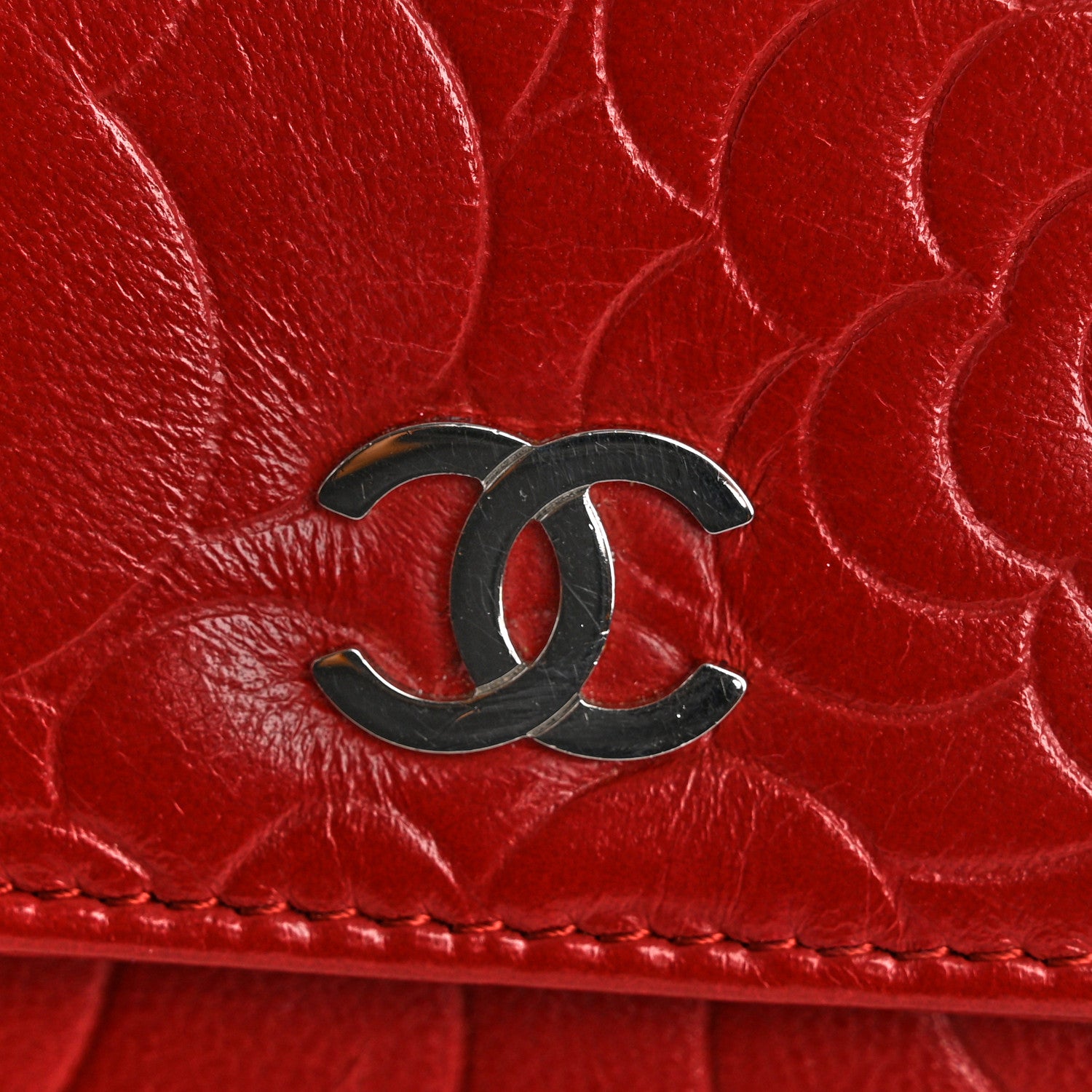 Chanel Lambskin Camellia Embossed Wallet on Chain WOC Red 11 of 14
