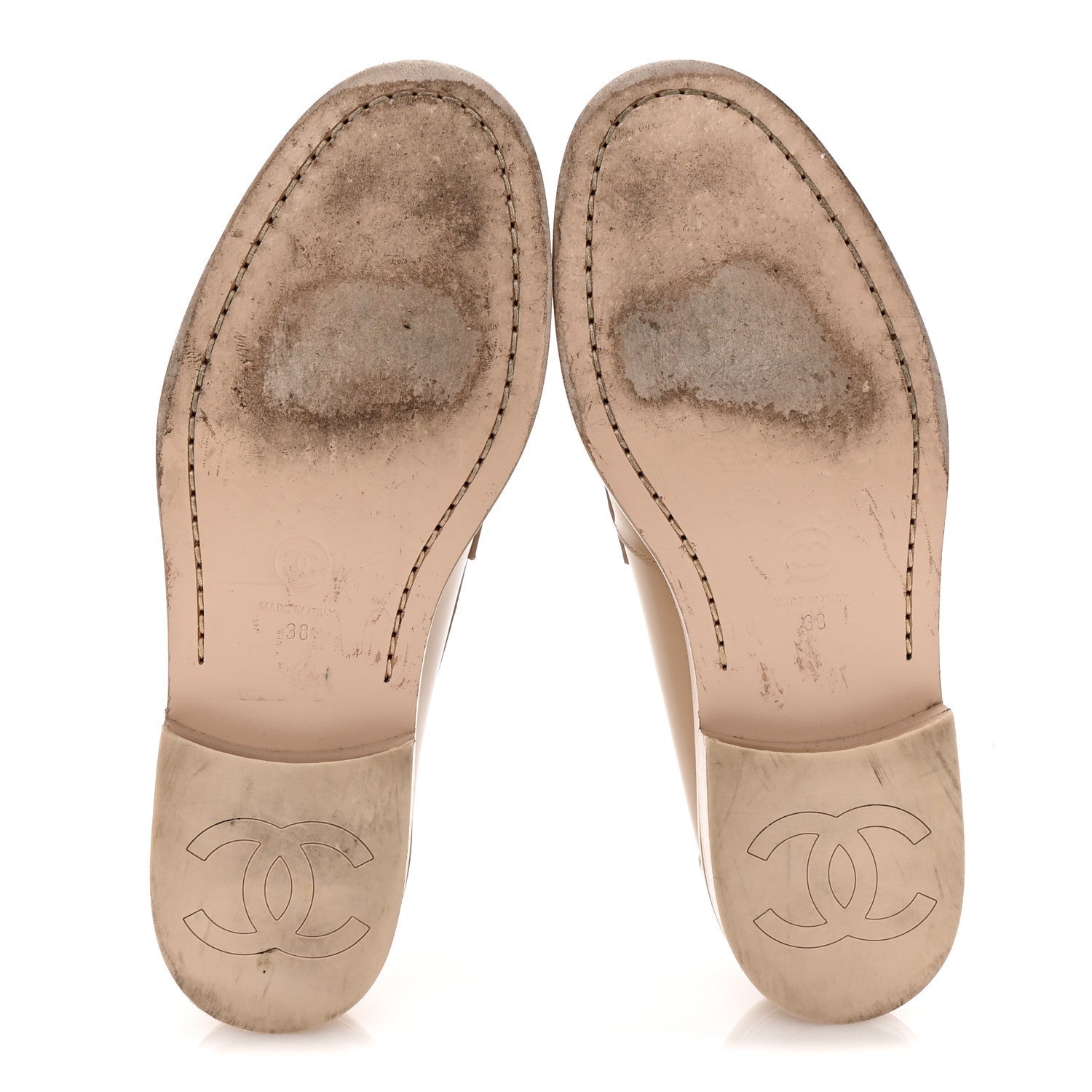 Chanel Shiny Calfskin CC Loafers 38 Beige White 5 of 7