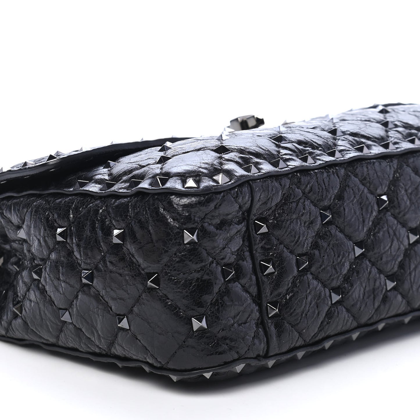 Craquele Nappa Medium Rockstud Spike Shoulder Bag Black