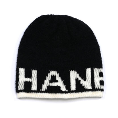 Chanel Cashmere Wool Silk Logo Beanie Hat Black White 2 of 6