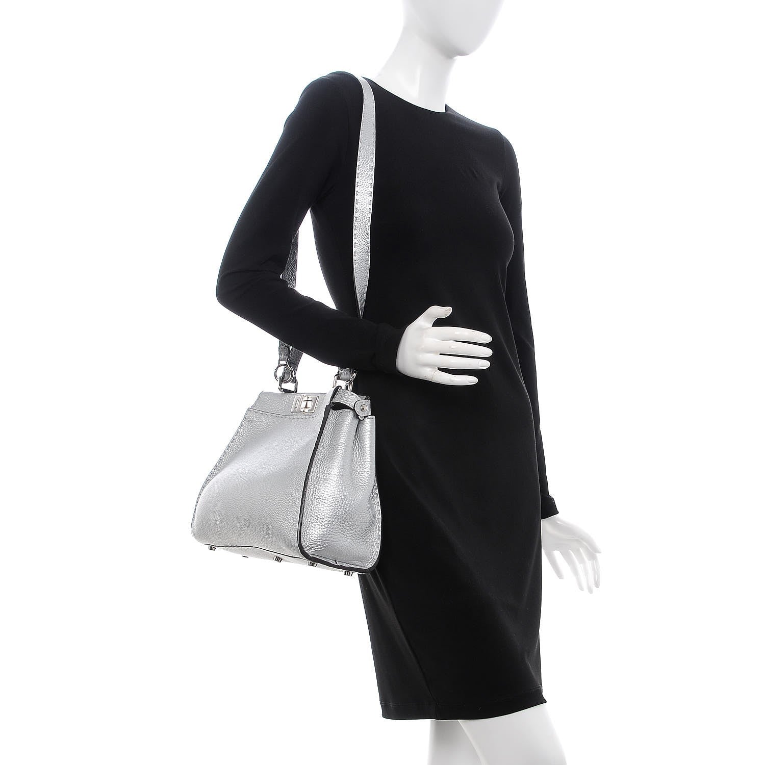 Fendi Cuoio Romano Lux Selleria Medium Peekaboo Iconic Satchel Argento 2 of 9