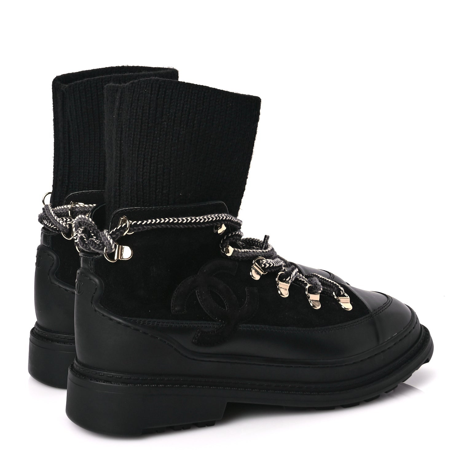 Chanel Suede Knit Womens Sock Lace Up Boots Black 5 of 7