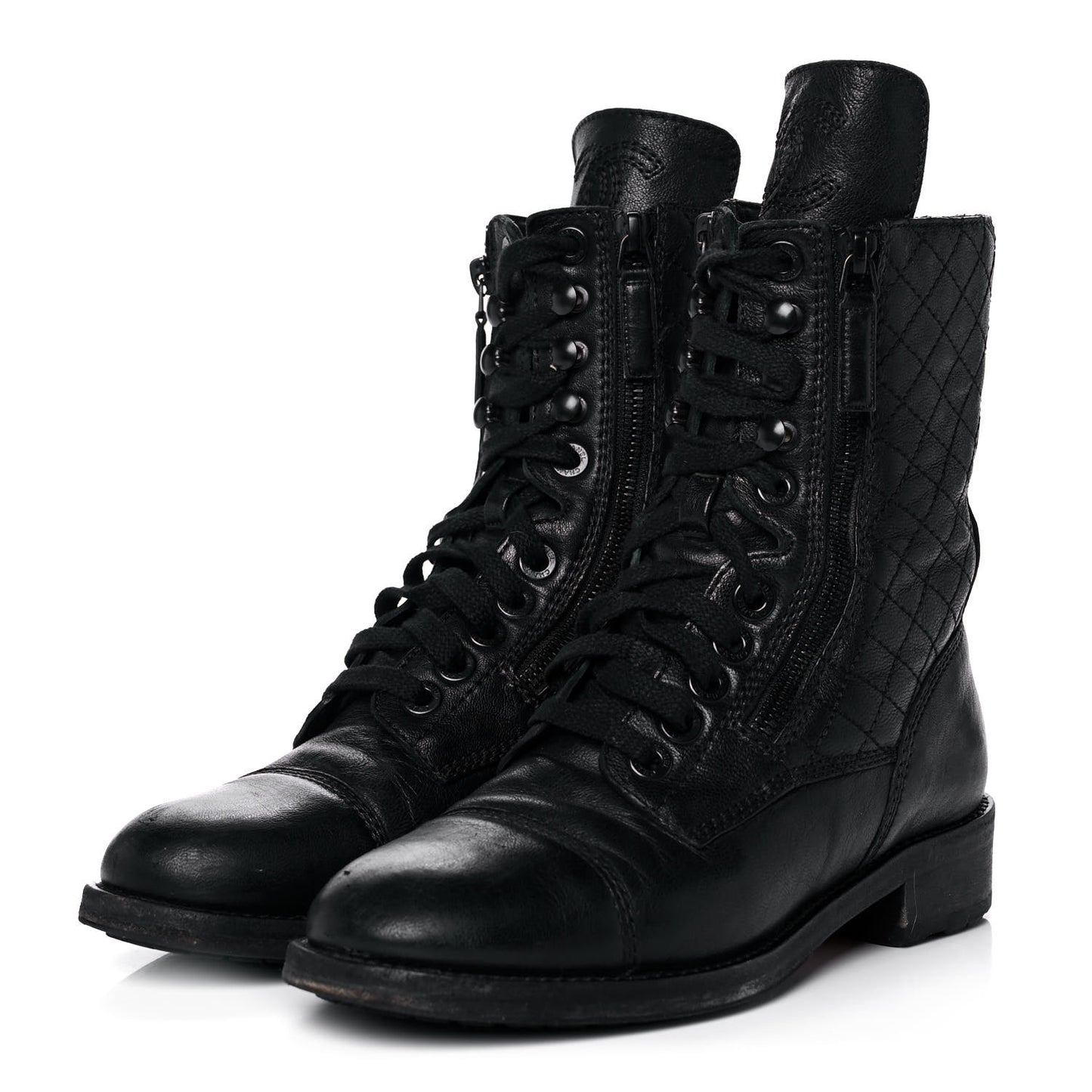 Calfskin Quilted Lace Up Combat Boots 36 Black