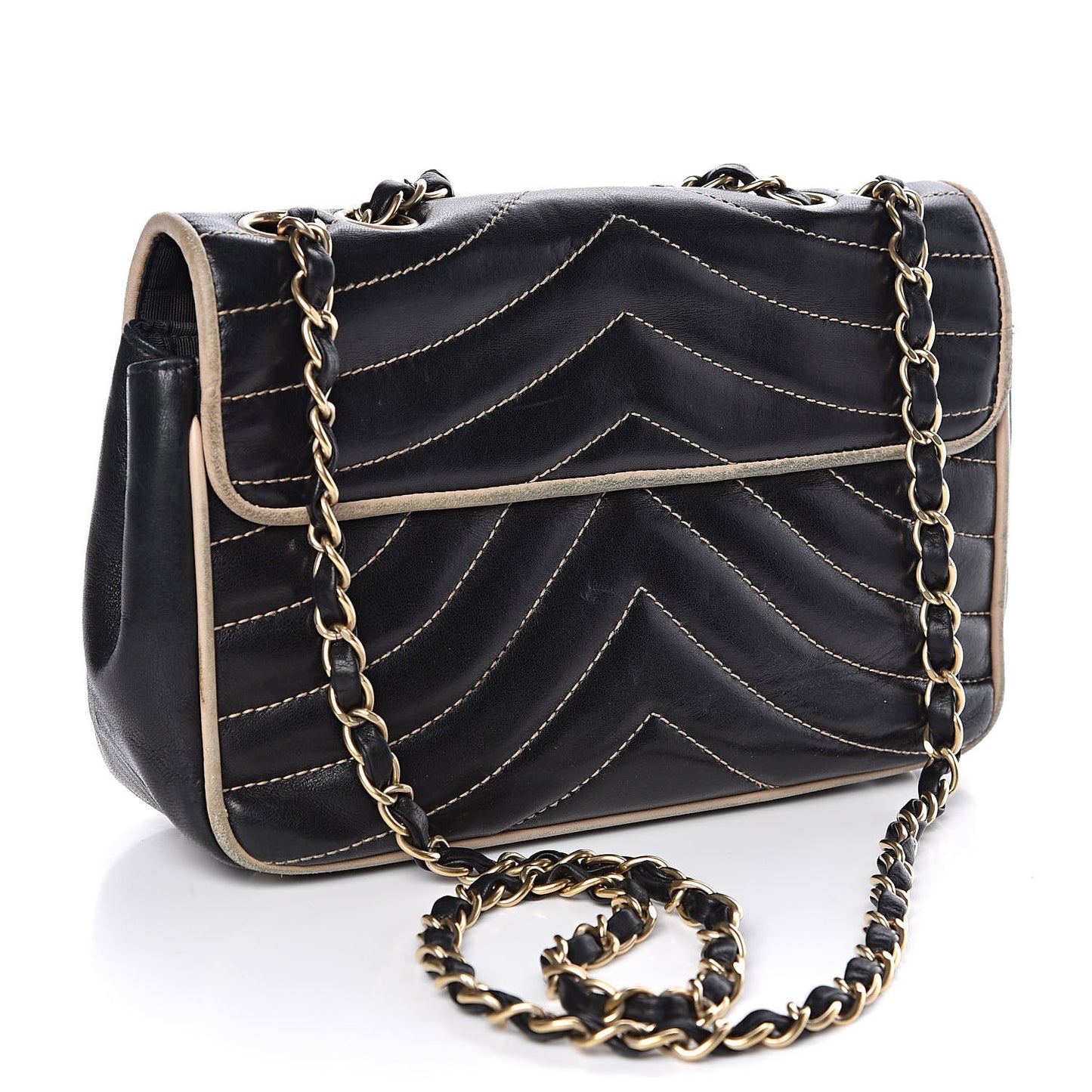 Lambskin Chevron Small Single Flap Bag Black Beige