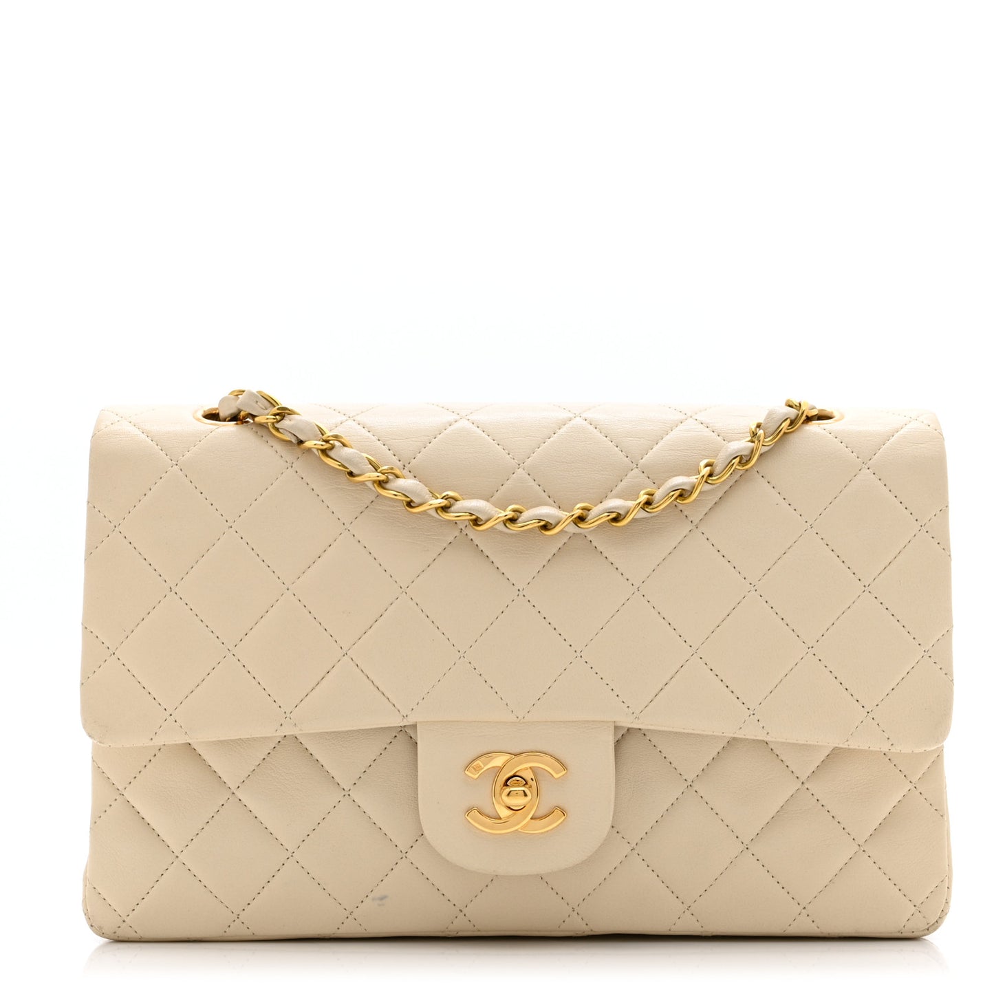 Lambskin Quilted Medium Double Flap Beige