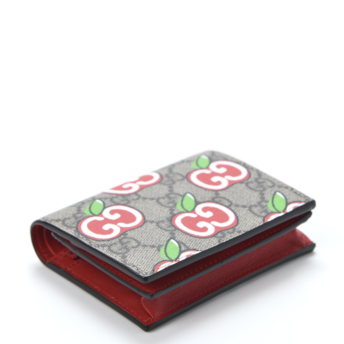 GG Supreme Monogram Apple Card Case Wallet Beige Multicolor Lobster Red