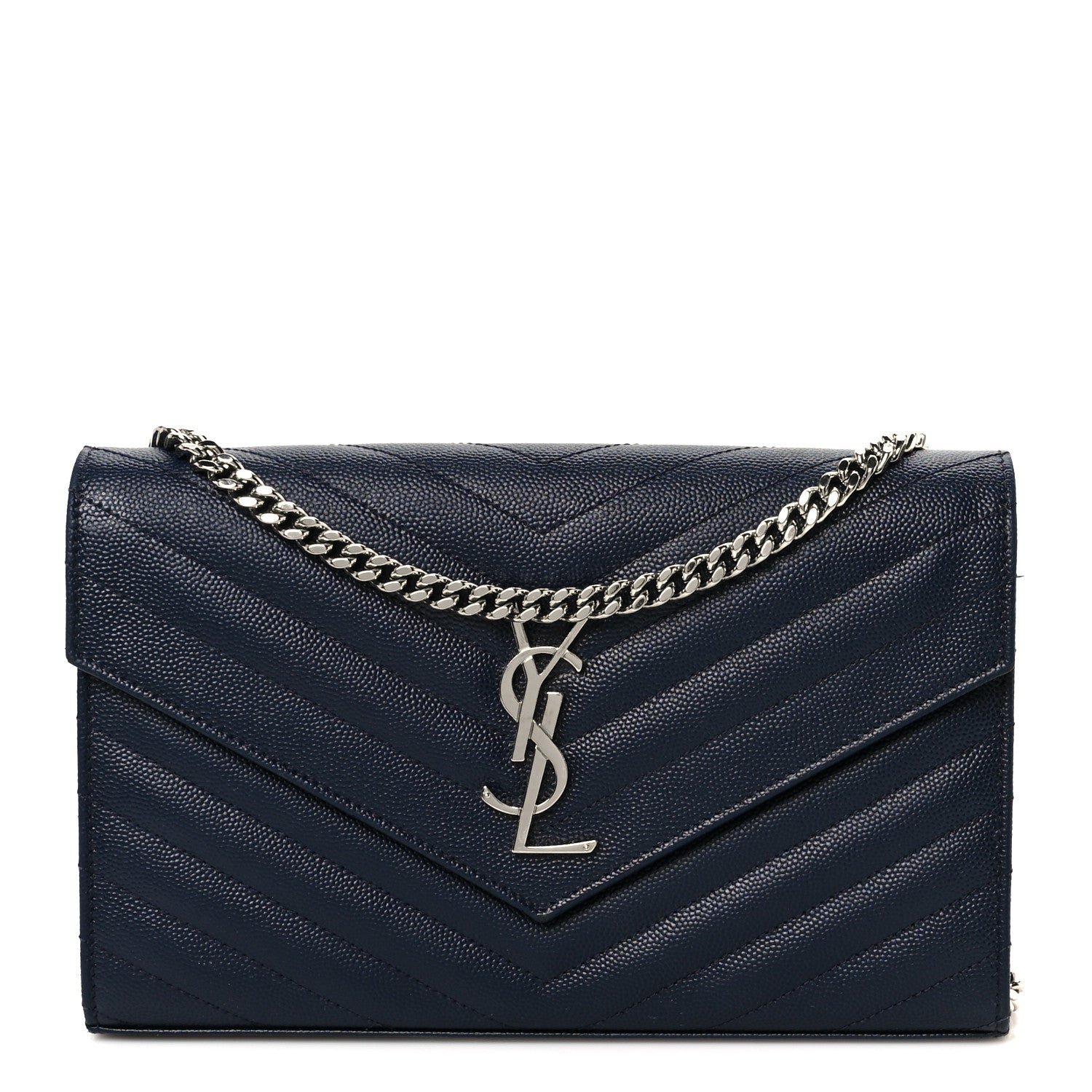Saint Laurent Grain De Poudre Matelasse Chevron Monogram Chain Wallet Deep Marine 1 of 9