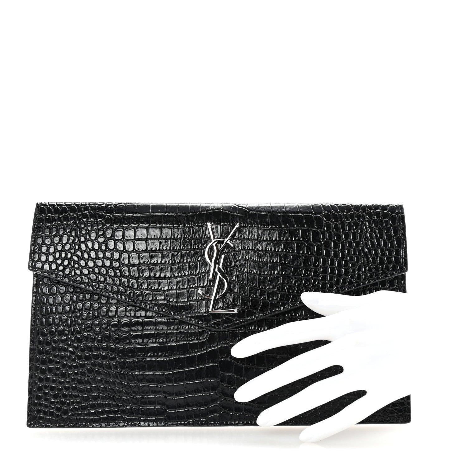 Saint Laurent Calfskin Crocodile Embossed Uptown Monogram Clutch Black 2 of 7