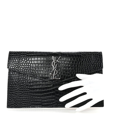 Saint Laurent Calfskin Crocodile Embossed Uptown Monogram Clutch Black 2 of 7
